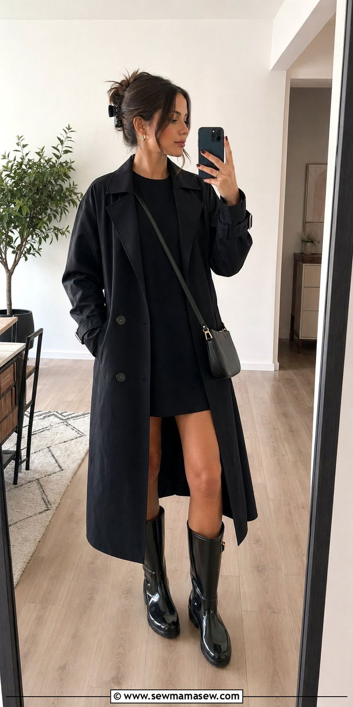 Black Trench Coat With A T Shirt Dress And Rain Boots - 30 Black trench coat outfit ideas for rain