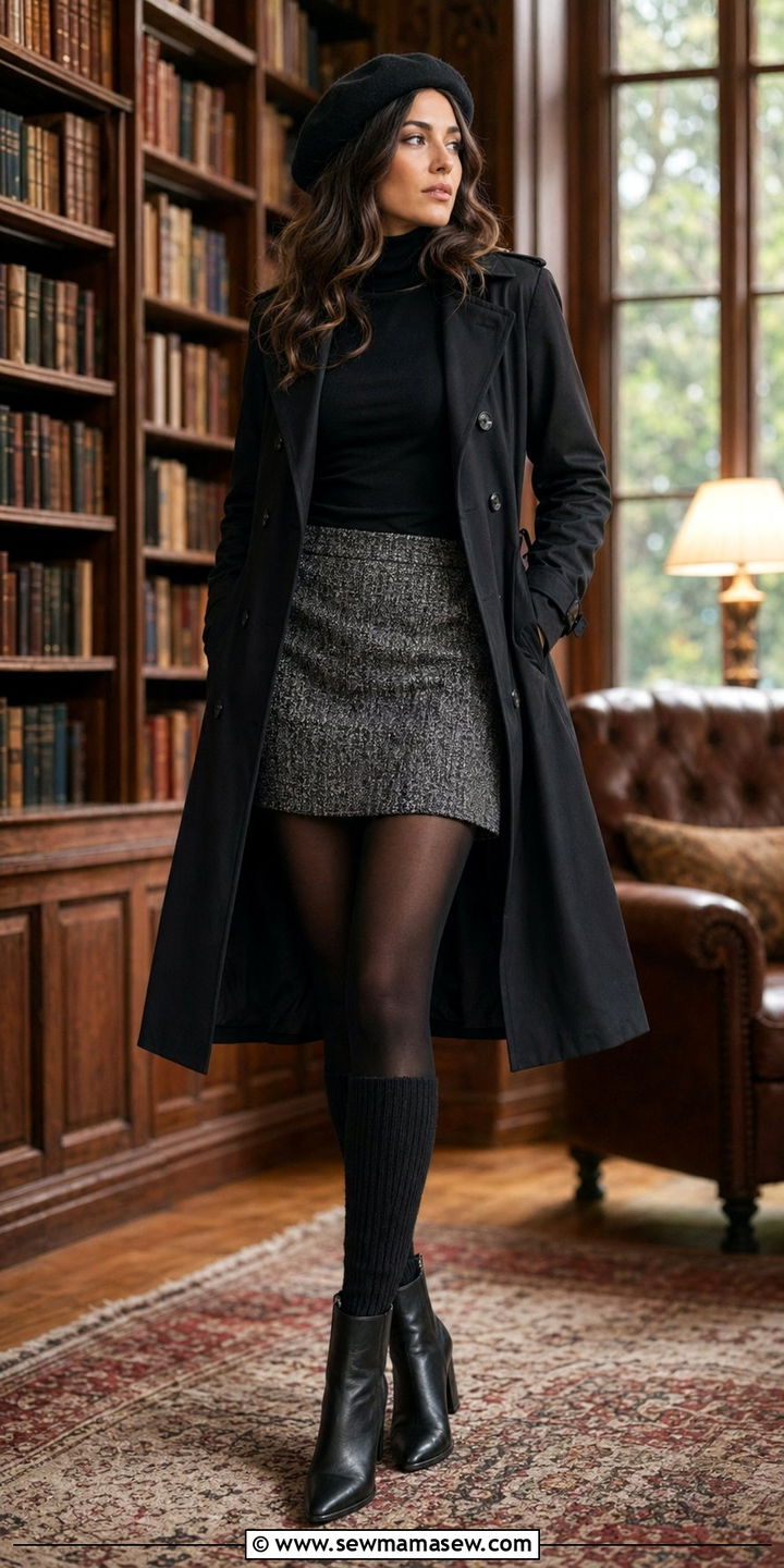 Black Trench Coat With A Tweed Skirt And Knee High Socks - 30 Black trench coat outfit ideas for rain