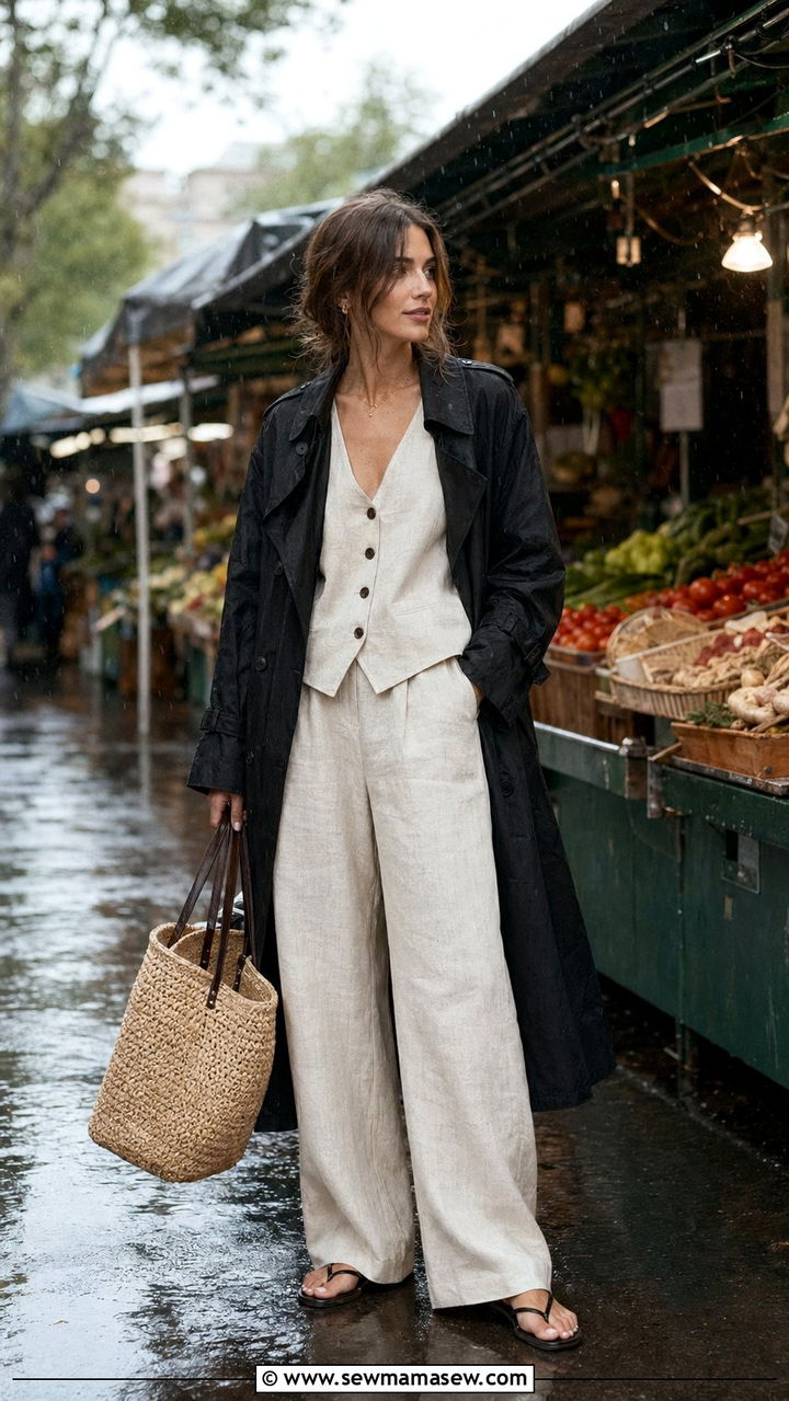 Black Trench Coat With A Vest Top And Linen Trousers - 30 Black trench coat outfit ideas for rain