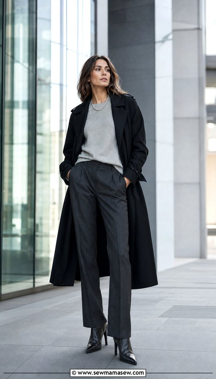 Black Trench Coat With An All Gray Base And Silver Accessories - 30 Black trench coat outfit ideas for rain