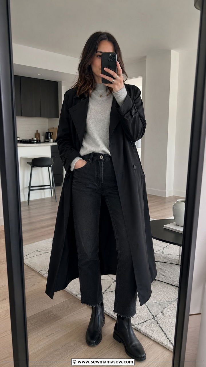 Black Trench Coat With Grey Knit And Black Jeans - 40 trench coat outfits