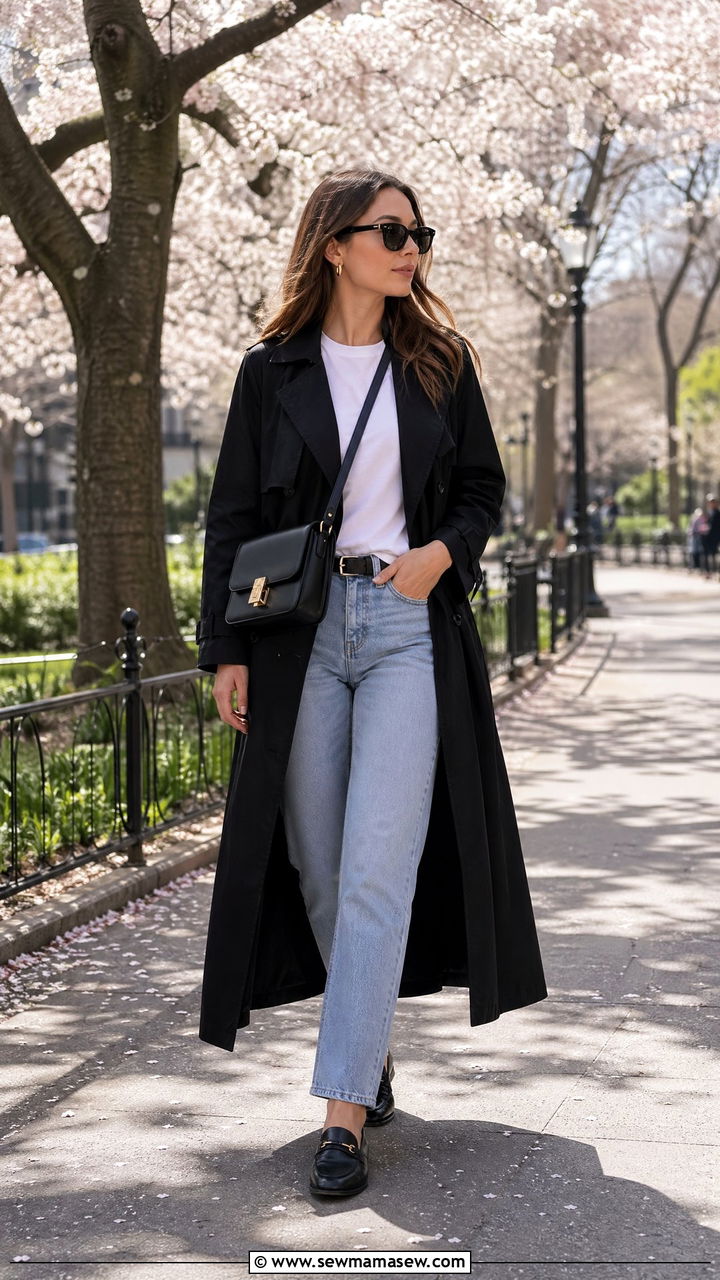 Black Trench Coat With Jeans - 35 Spring outfits in black