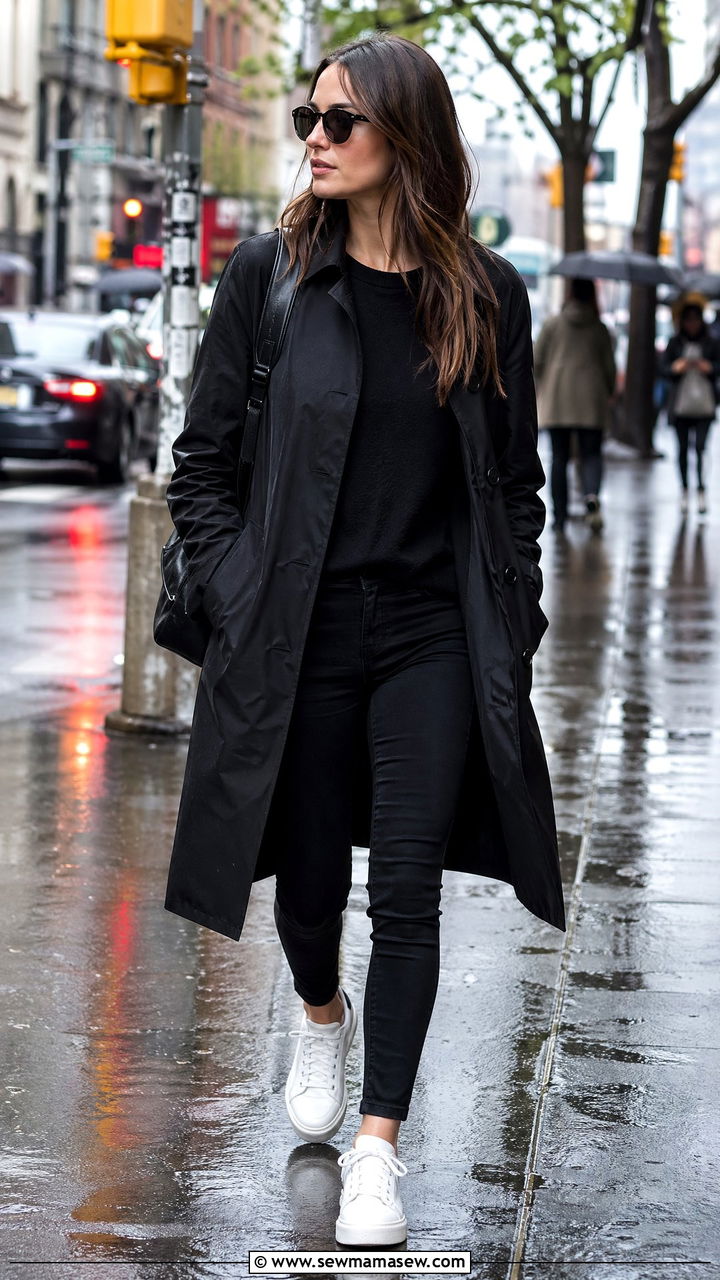 Black Trench Coat With Skinny Jeans and Sneakers - 35 Spring outfits in black