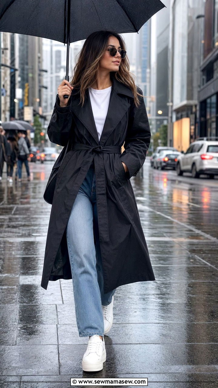 Black Trench Coat With Straight Leg Jeans And White Sneakers - 30 Black trench coat outfit ideas for rain