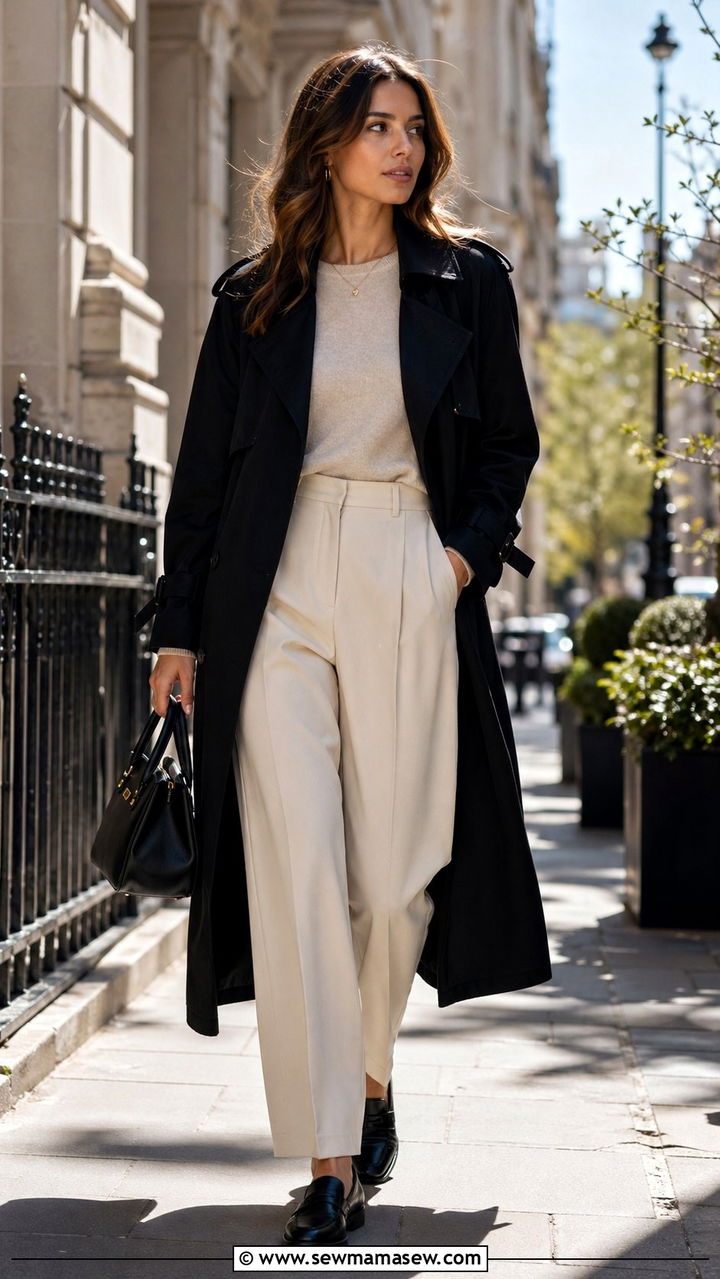 Black Trench Coat with Beige Trousers and a Cashmere Sweater - 30 Black trench coat outfit ideas for spring