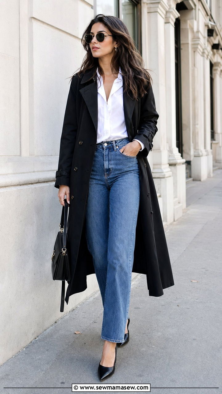 Black Trench Coat with White Button Down and Straight Leg Jeans - 30 Black trench coat outfit ideas for spring