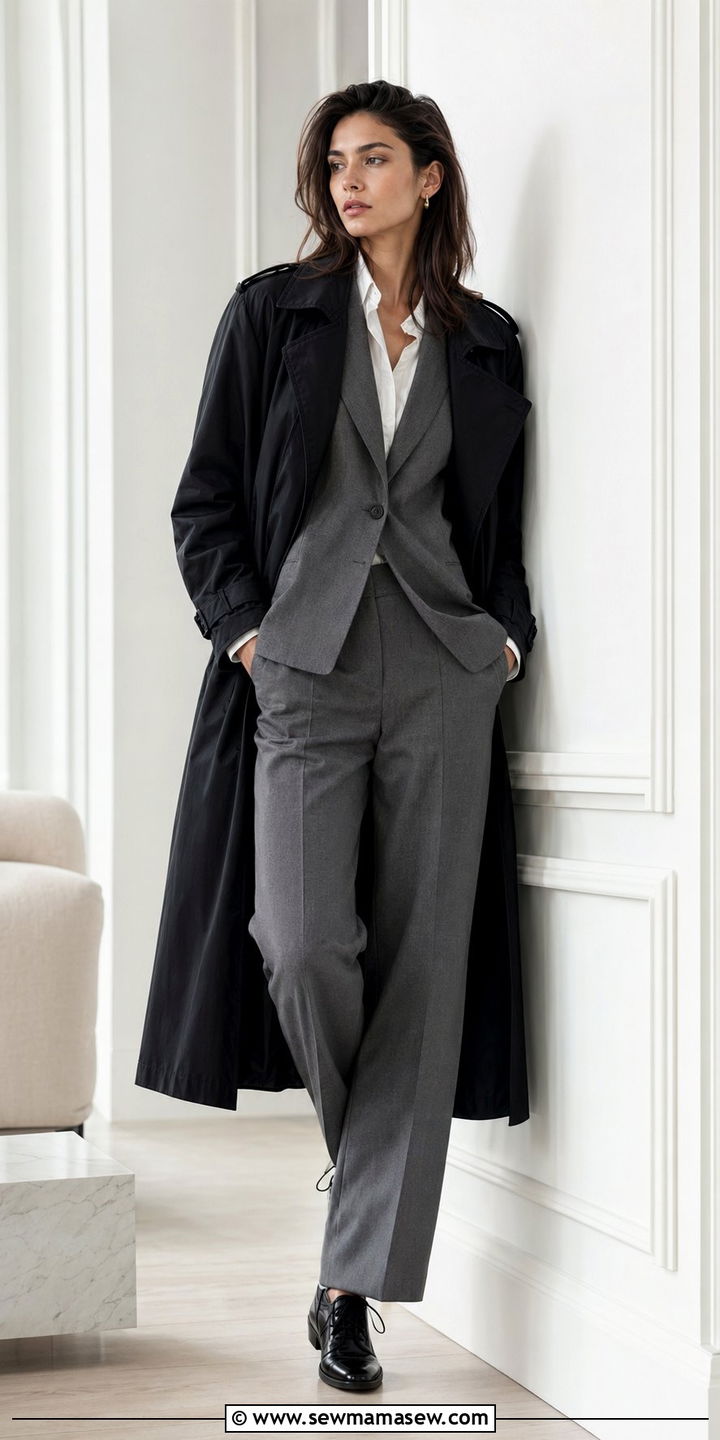 Black Trench Coat with a Blazer Trousers and Oxford Shoes - 30 Black trench coat outfit ideas for spring