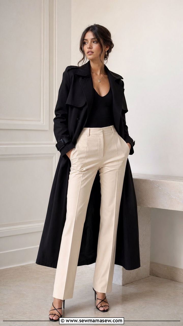 Black Trench Coat with a Bodysuit High Waisted Trousers and Heels - 30 Black trench coat outfit ideas for spring