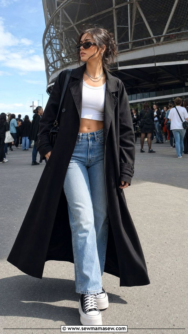 Black Trench Coat with a Crop Top High Waisted Jeans and Platform Sneakers - 30 Black trench coat outfit ideas for spring