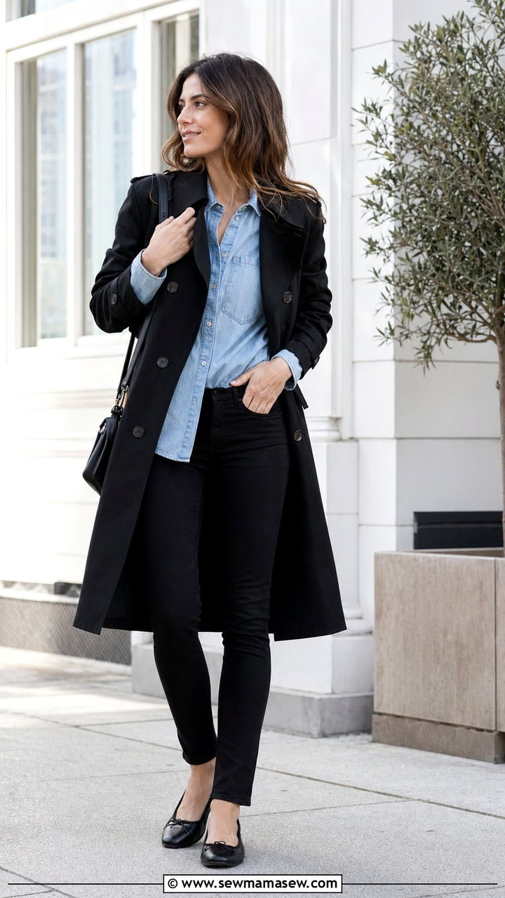 Black Trench Coat with a Denim Shirt Black Pants and Ballet Flats - 30 Black trench coat outfit ideas for spring