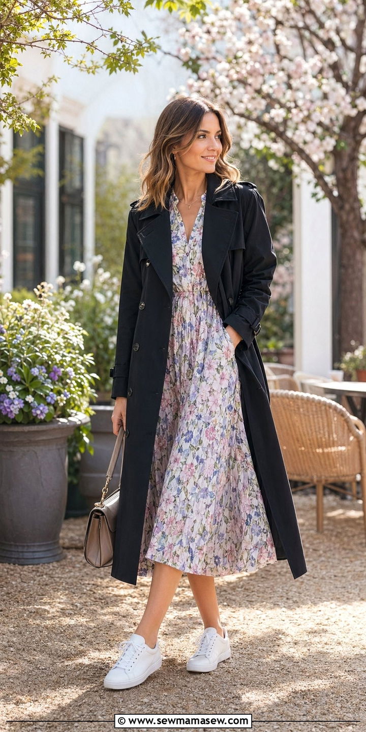 Black Trench Coat with a Floral Midi Dress and White Sneakers - 30 Black trench coat outfit ideas for spring