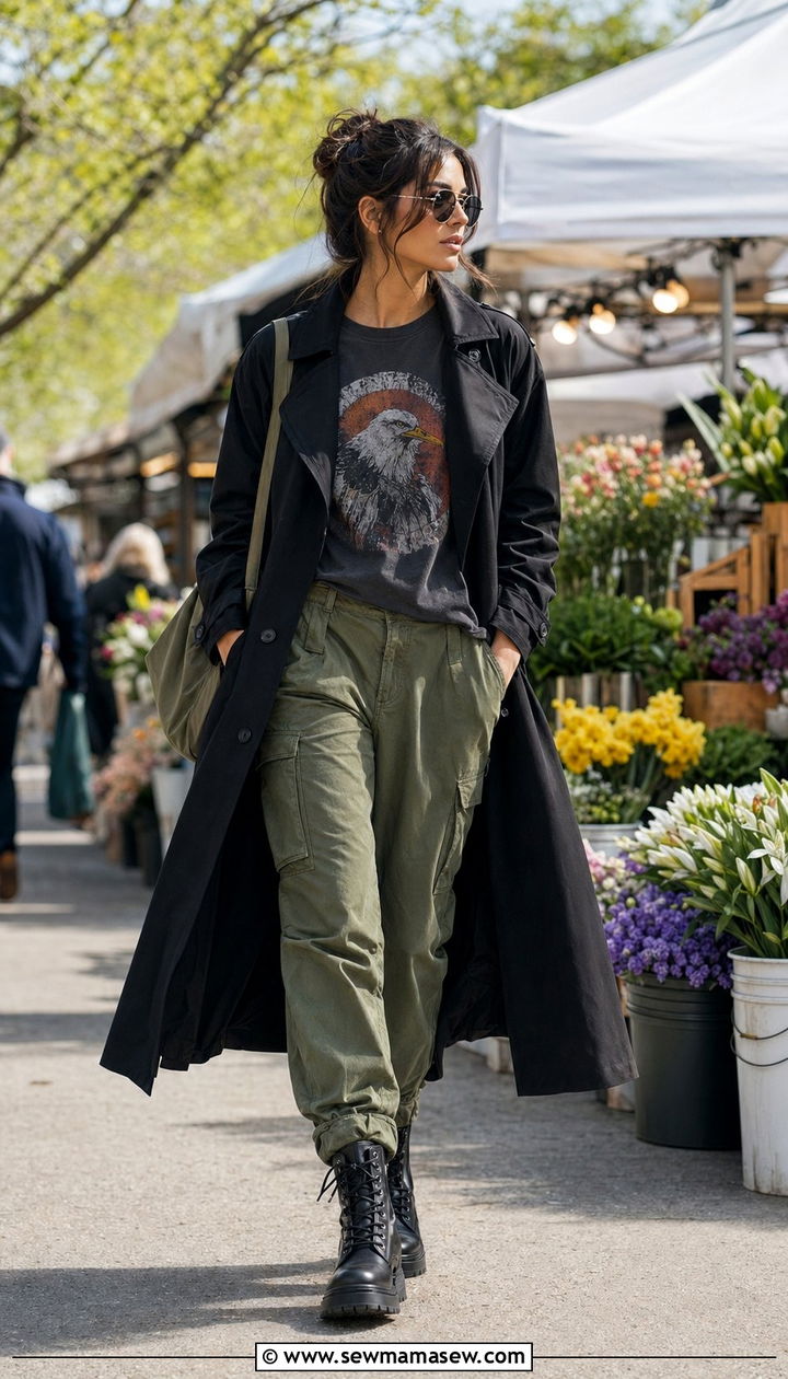 Black Trench Coat with a Graphic Tee Cargo Pants and Combat Boots - 30 Black trench coat outfit ideas for spring