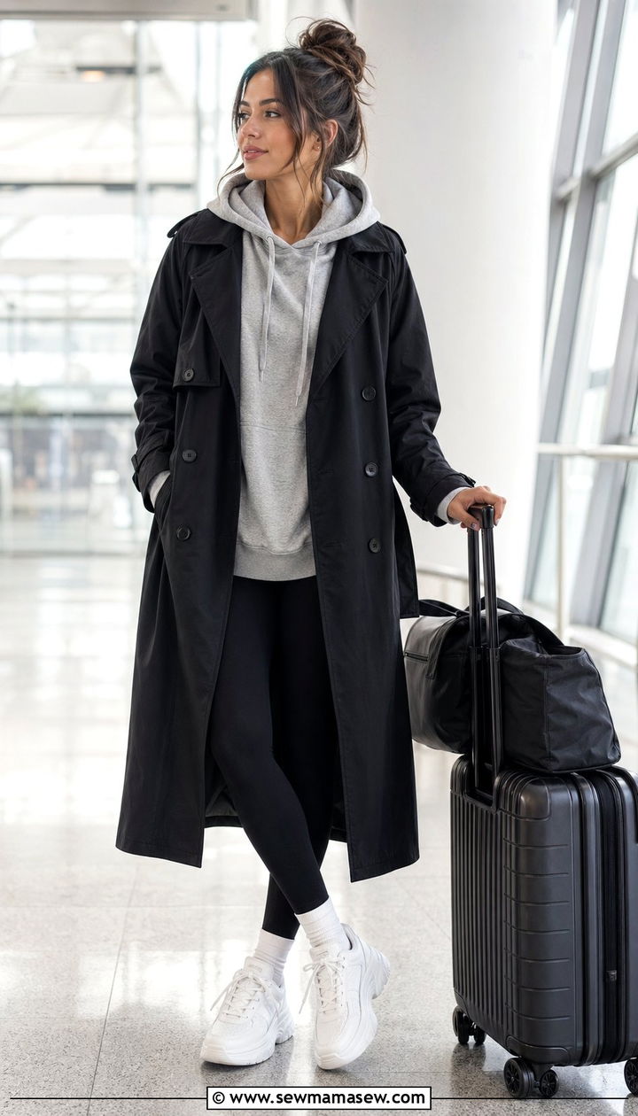 Black Trench Coat with a Hoodie Leggings and Chunky Sneakers - 30 Black trench coat outfit ideas for spring
