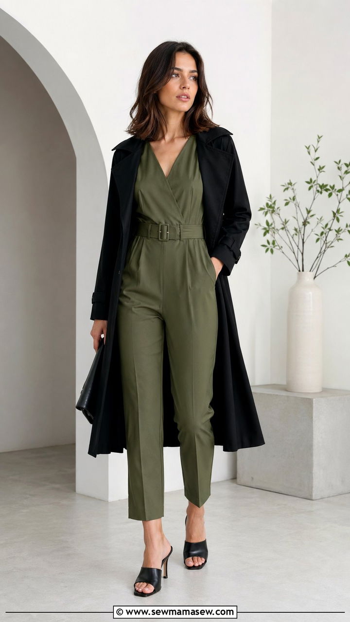 Black Trench Coat with a Jumpsuit Belt and Heeled Mules - 30 Black trench coat outfit ideas for spring