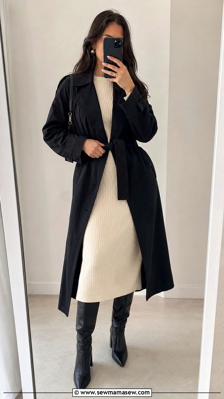 Black Trench Coat with a Knit Midi Dress Belt and Knee High Boots - 30 Black trench coat outfit ideas for spring