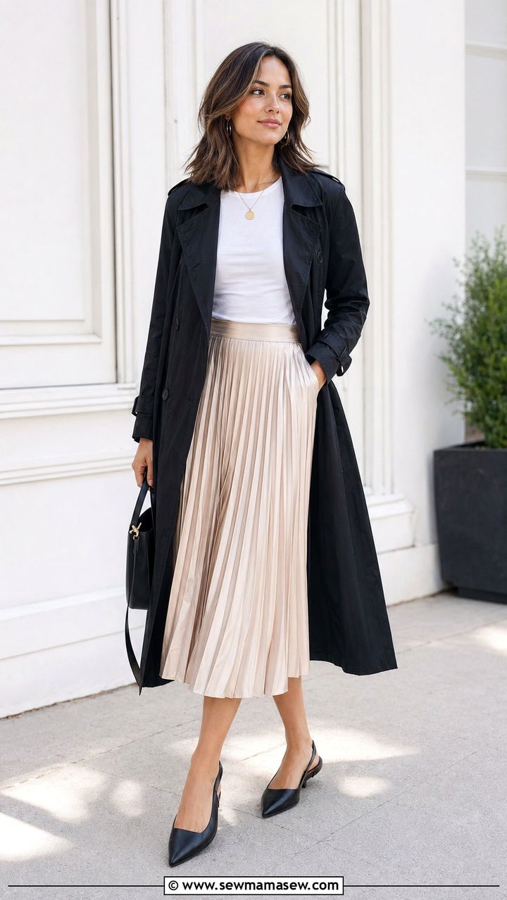 Black Trench Coat with a Pleated Midi Skirt and Pointed Flats - 30 Black trench coat outfit ideas for spring