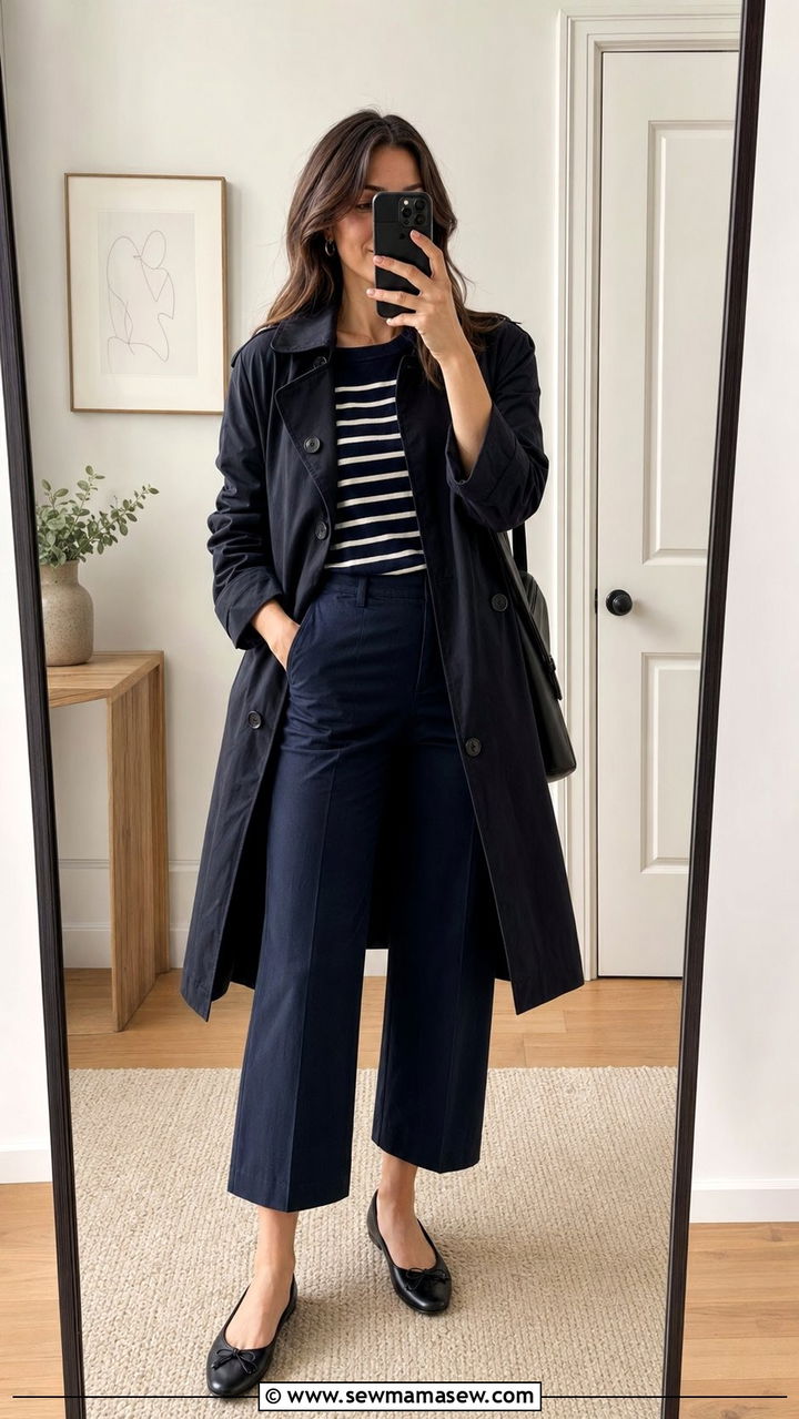Black Trench Coat with a Striped Breton Top and Cropped Wide Leg Pants - 30 Black trench coat outfit ideas for spring