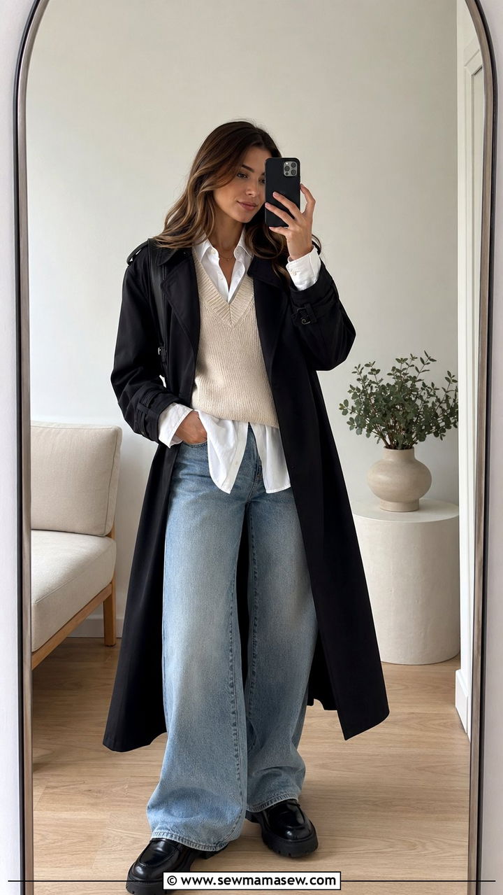 Black Trench Coat with a Sweater Vest Wide Leg Jeans and Loafers - 30 Black trench coat outfit ideas for spring
