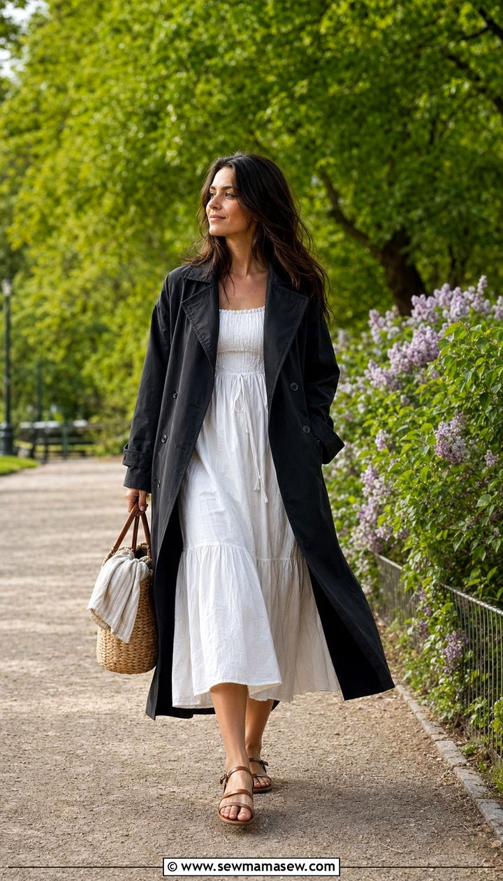 Black Trench Coat with a White Sundress and Flat Sandals - 30 Black trench coat outfit ideas for spring