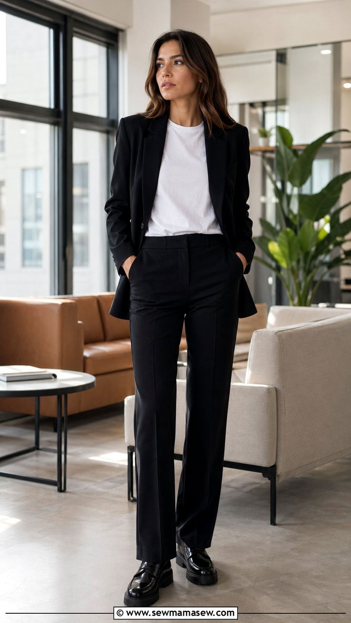 Black Trouser Suit with White Tee - 30 Black outfit ideas for work