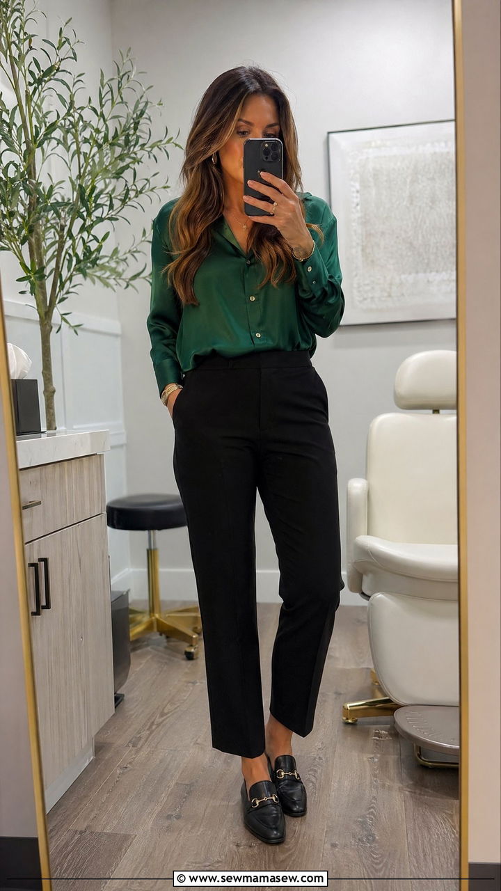 Black Trousers With Jewel Tone Blouse And Loafers - 35 Counselor outfit ideas