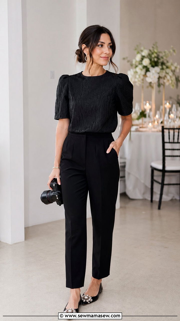 Black Trousers With a Black Blouse and Statement Flats - 30 Wedding photographer outfit ideas
