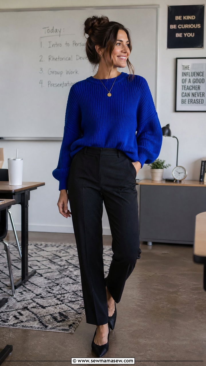 Black Trousers with Statement Sweater and Pointed Toe Flats - 35 teacher outfit ideas for women