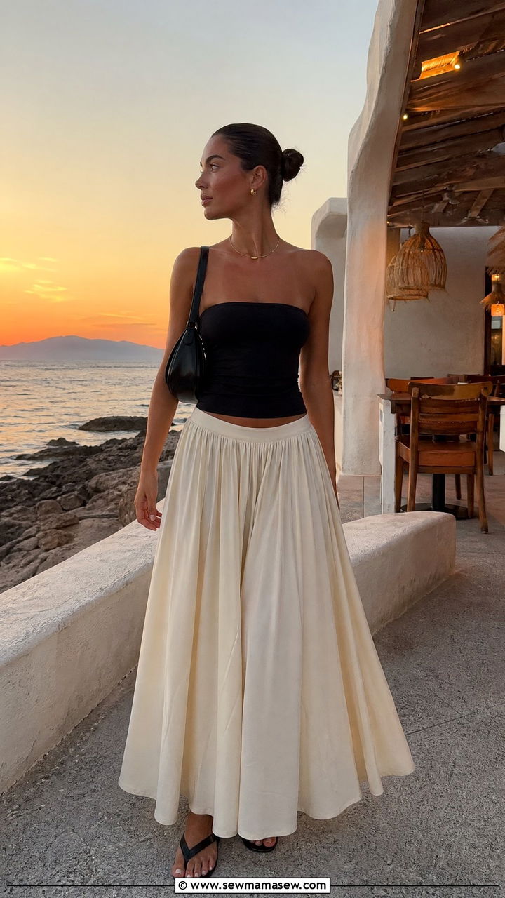 Black Tube Top With Ecru Maxi Skirt - 35 summer minimalist outfit ideas