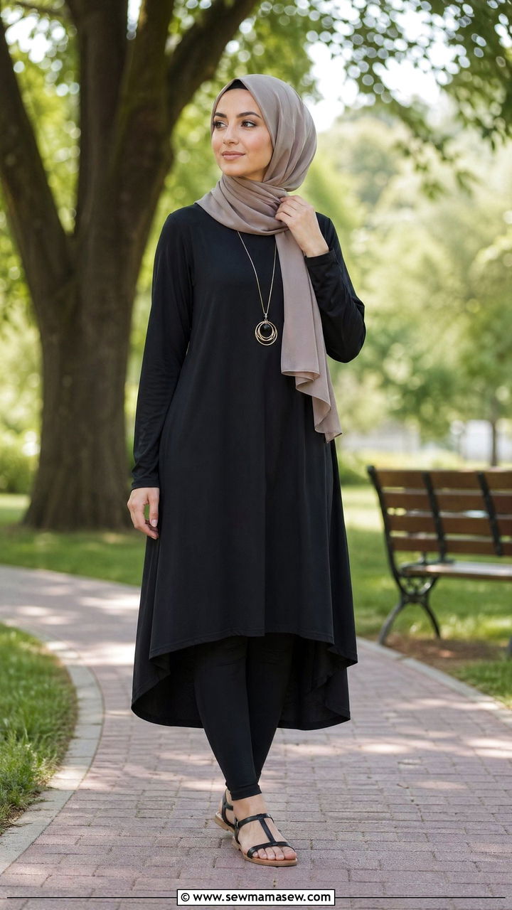 Black Tunic Dress with Black Leggings and Sandals - 35 summer all black outfit ideas