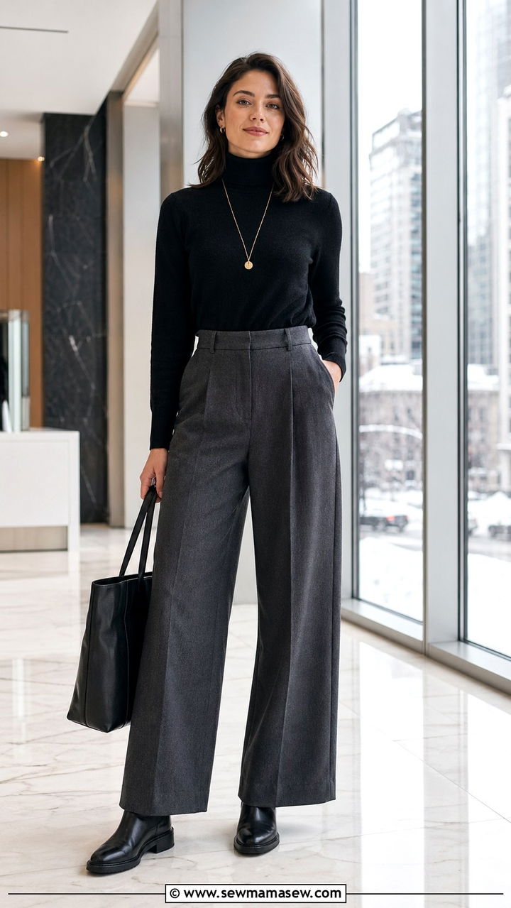 Black Turtleneck And Gray Wide Leg Trousers - 30 Second round interview outfits