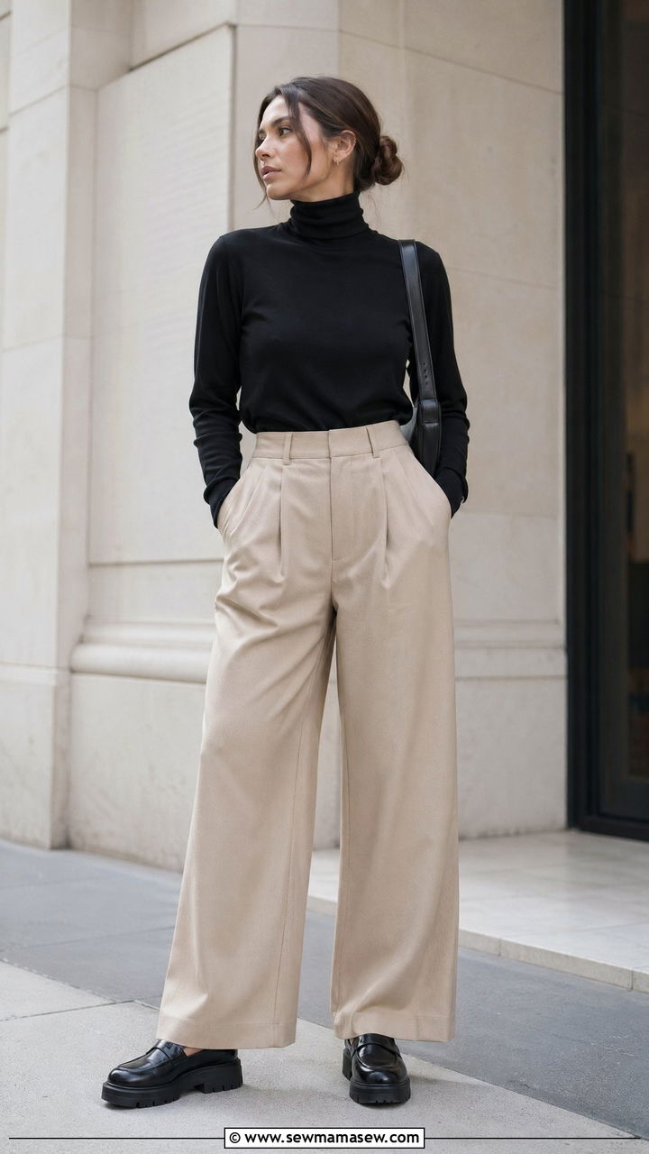 Black Turtleneck With Beige Wide Leg Trousers and Chunky Loafers - 35 Clean girl casual outfit ideas