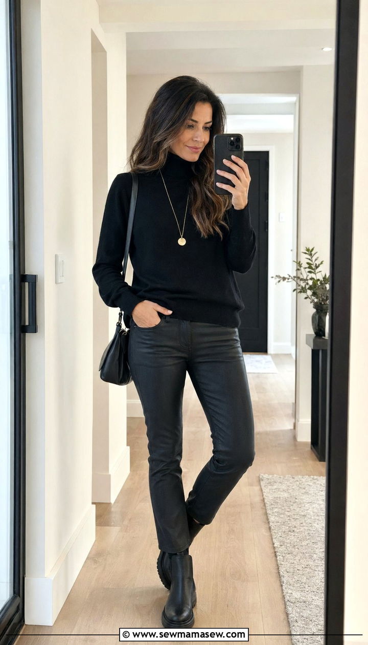 Black Turtleneck With Black Coated Jeans - 35 School drop off outfit ideas