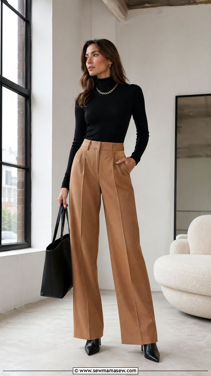 Black Turtleneck With Camel Wide Leg Trousers - 35 Classic business casual outfits