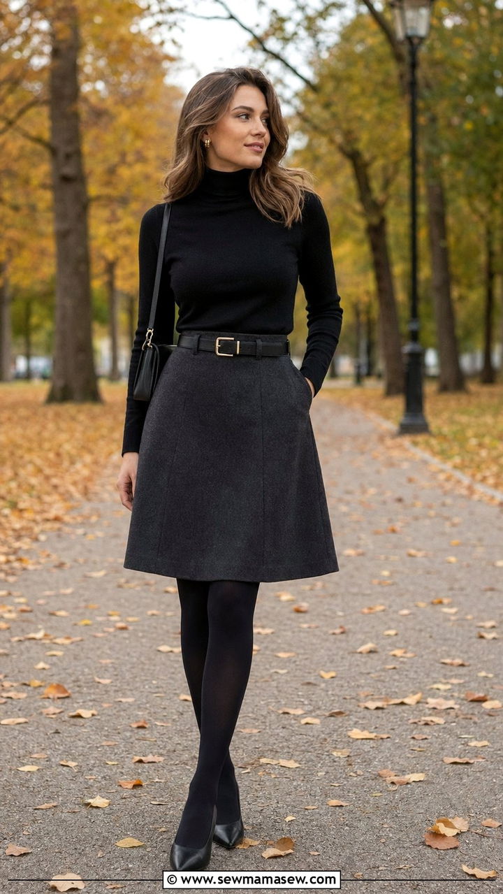 Black Turtleneck With High Waisted A Line Skirt - 35 Old Hollywood outfit ideas