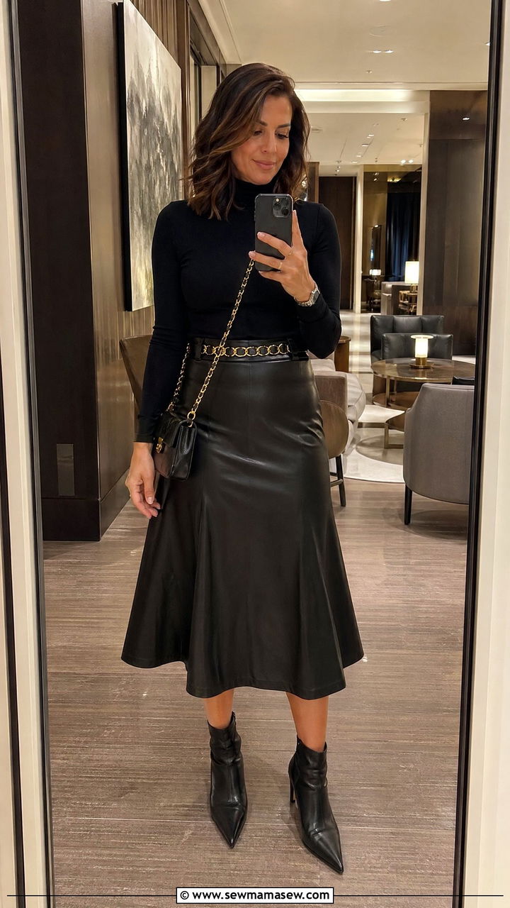 Black Turtleneck With Leather Midi Skirt - 35 Skirt outfit ideas for women over 40