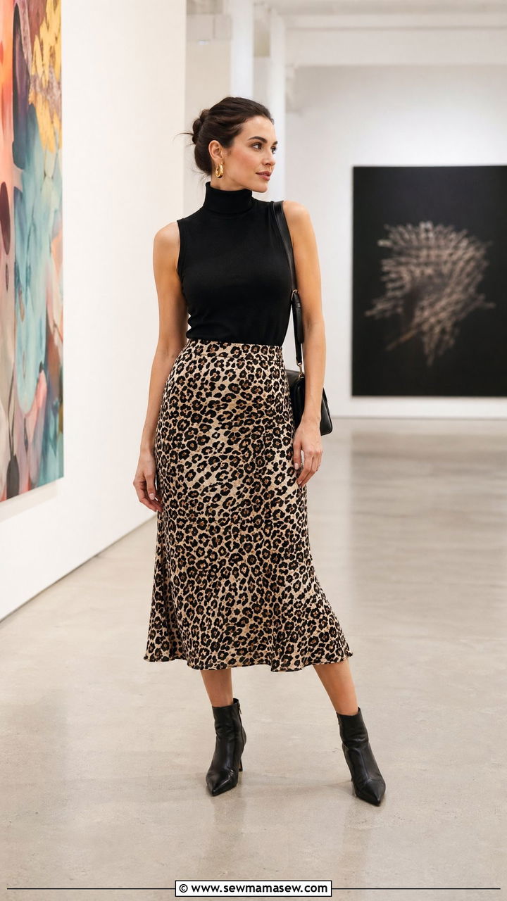 Black Turtleneck With Leopard Print Midi Skirt - 35 Classy spring outfit ideas 2026