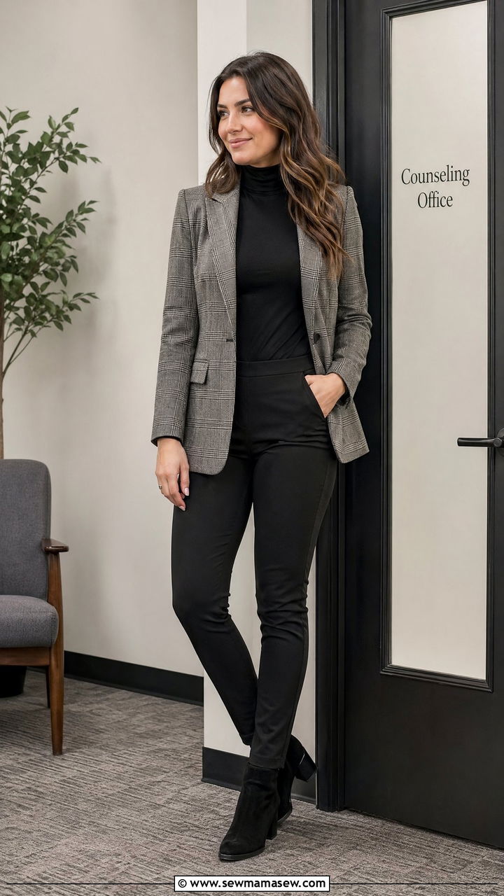 Black Turtleneck With Plaid Blazer And Black Leggings - 35 Counselor outfit ideas