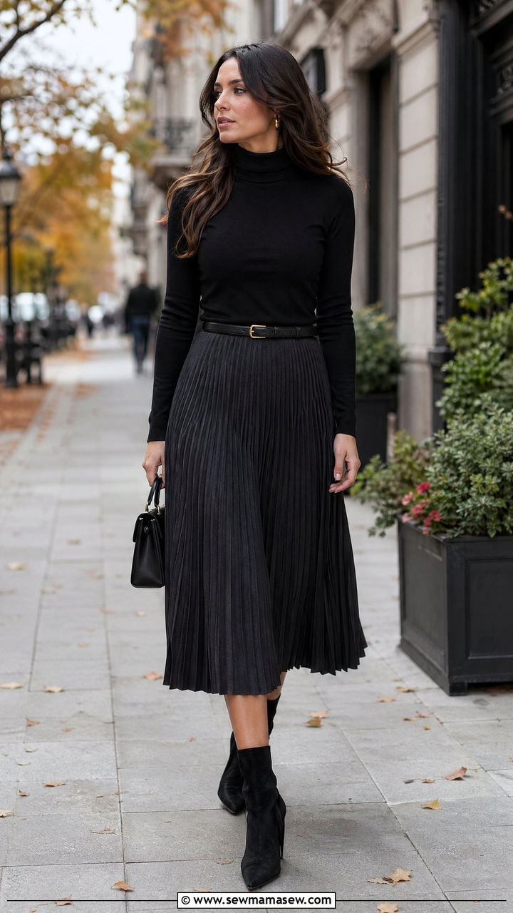 Black Turtleneck With Pleated Midi Skirt - 35 classy quiet luxury outfits