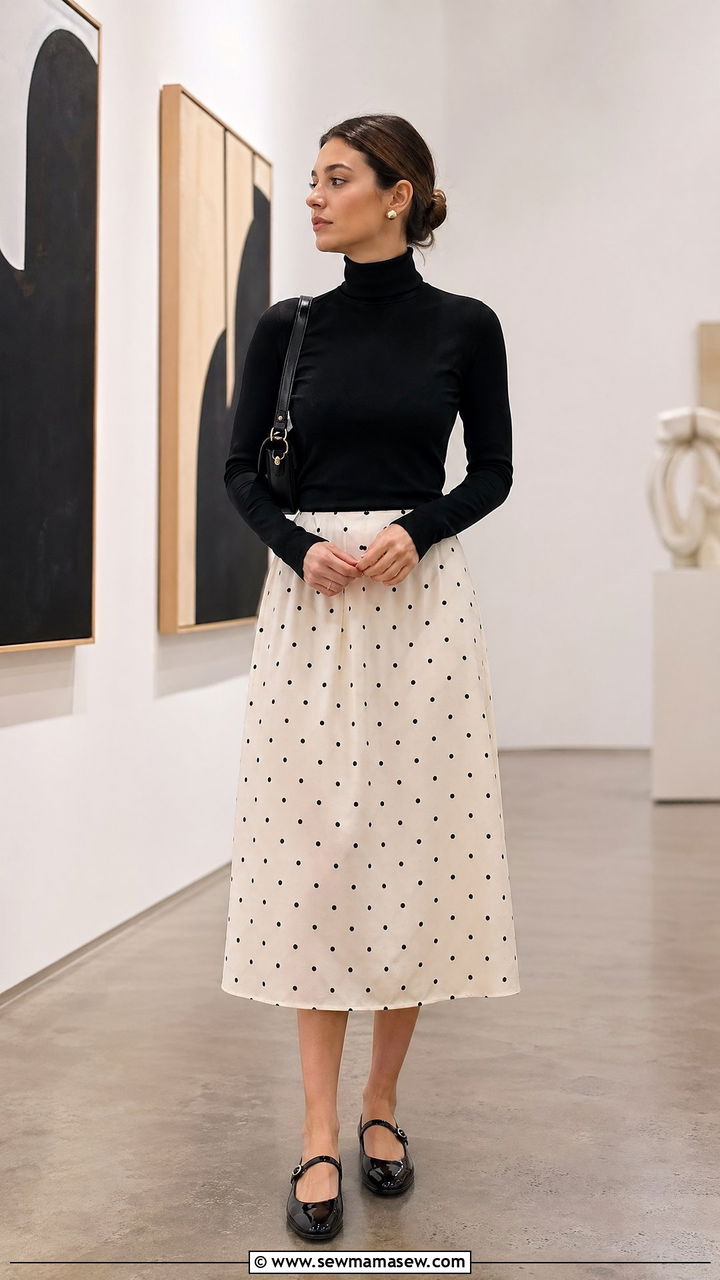 Black Turtleneck With Polka Dot Midi Skirt And Mary Janes - 35 spring parisian outfit ideas
