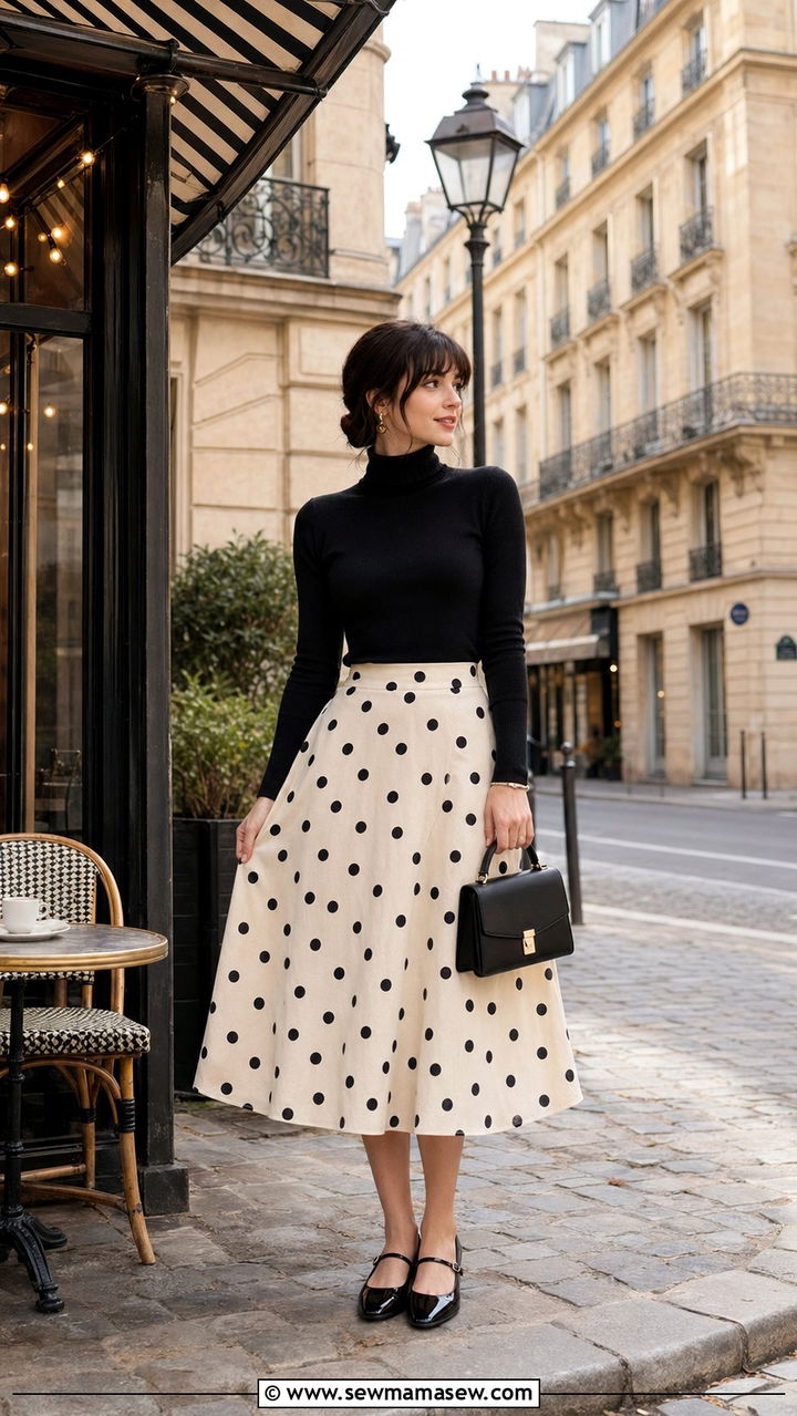 Black Turtleneck With Polka Dot Midi Skirt and Mary Janes - 35 Parisian spring outfit ideas