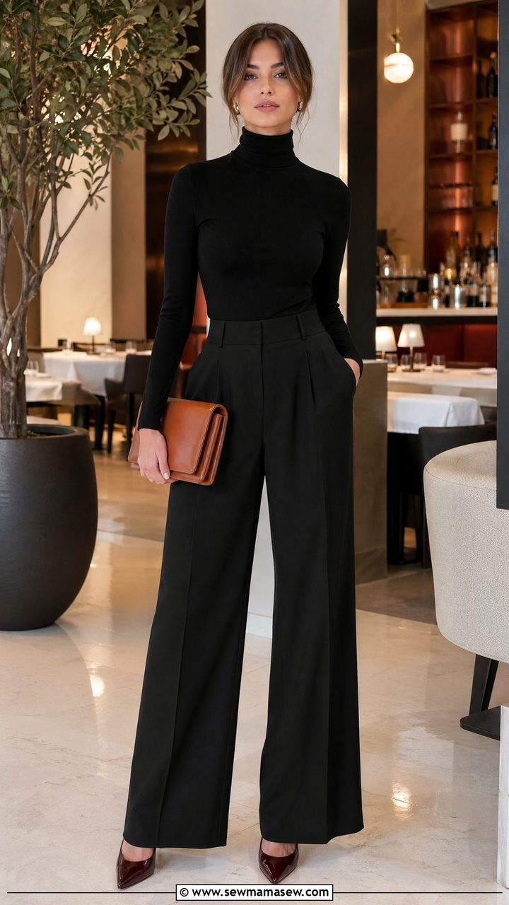 Black Turtleneck With Wide Leg Trousers and Leather Clutch - 35 what to wear to dinner