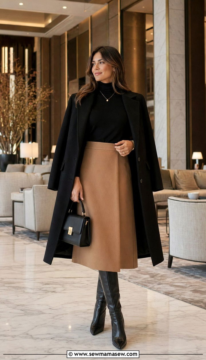 Black Turtleneck With Wool Midi Skirt - 35 Quiet luxury travel outfits