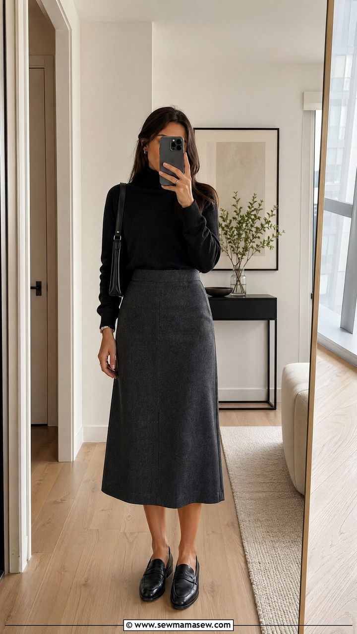 Black Turtleneck With Wool Skirt And Leather Loafers - 35 spring quiet luxury outfit ideas