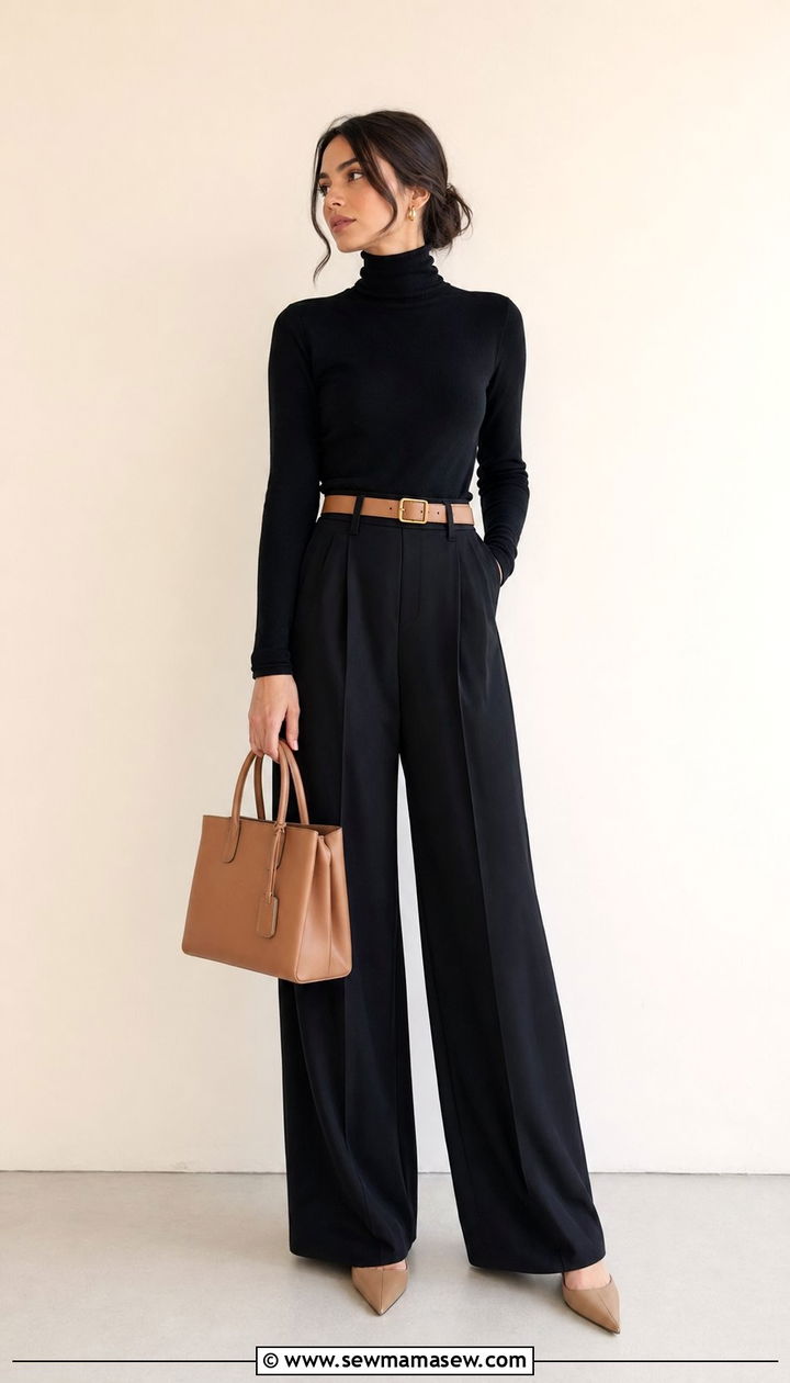 Black Turtleneck and Wide Leg Trousers Spring Capsule Outfit - 30 10 piece spring capsule wardrobe