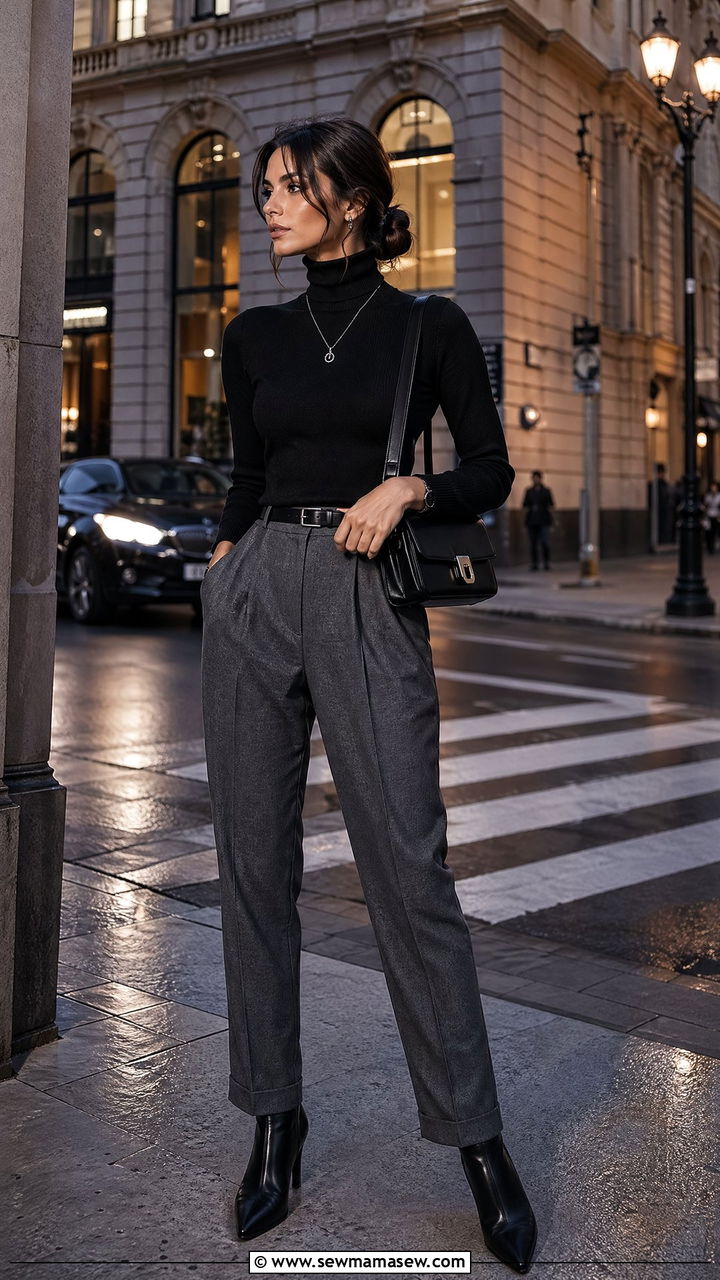 Black Turtleneck with Grey Flannel Trousers - 35 classy old money outfit ideas