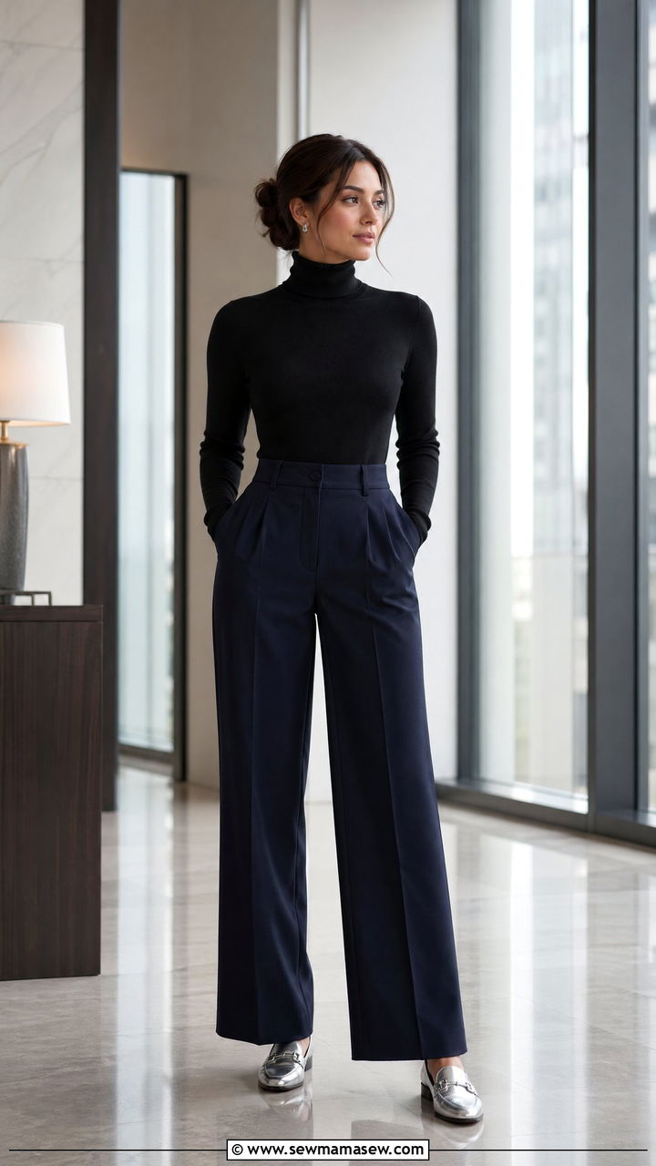 Black Turtleneck with High Waisted Navy Wide Leg Trousers and Silver Loafers - 35 workwear outfit ideas for women