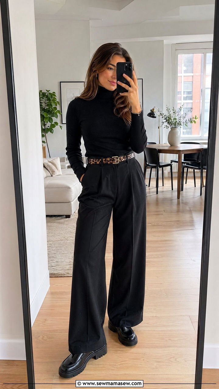 Black Turtleneck with High Waisted Wide Leg Pants and Loafers - 35 cute office outfits