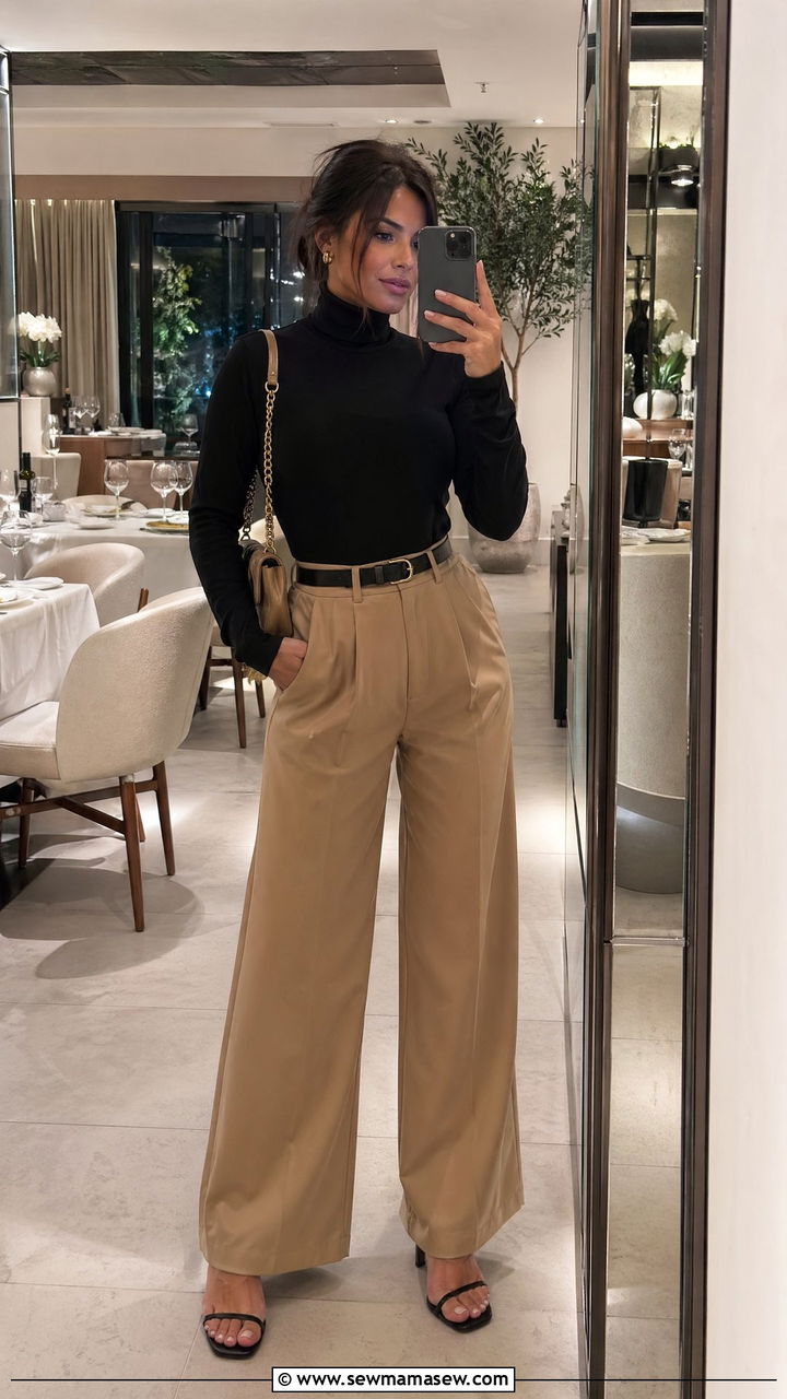 Black Turtleneck with Tan Wide Leg Pants - 35 Tan and black outfit ideas