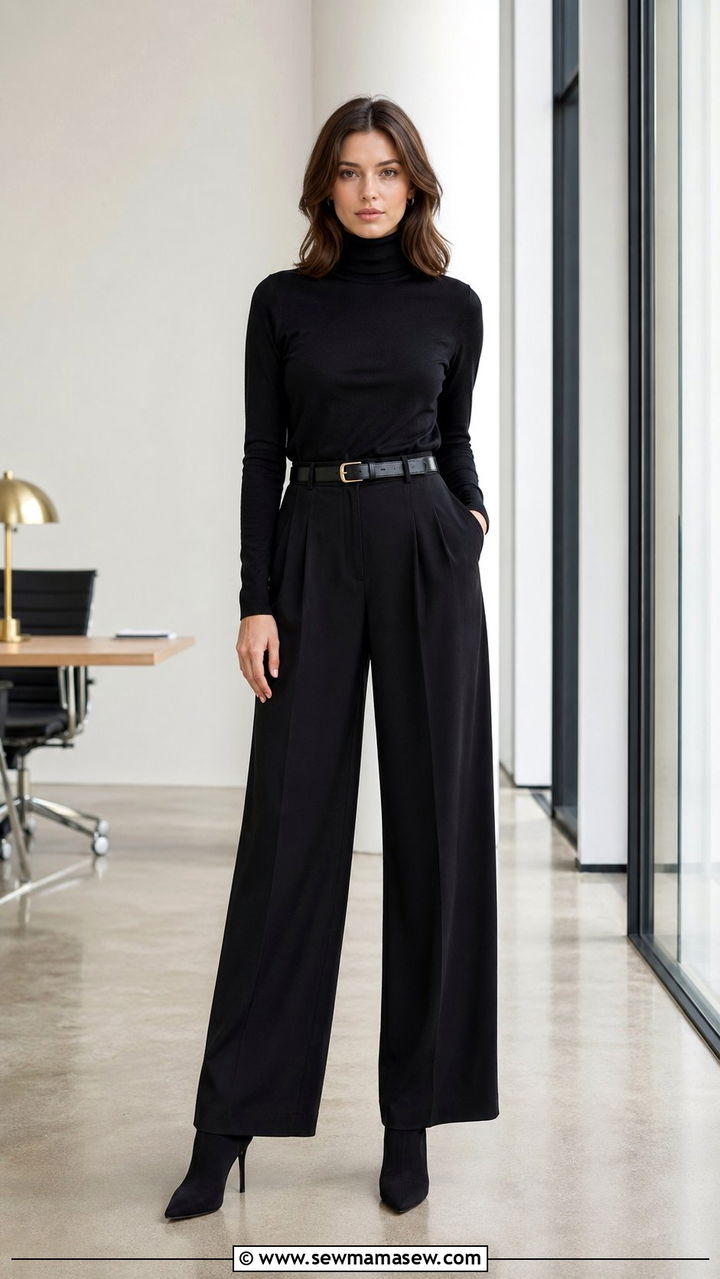 Black Turtleneck with Wide Leg Pants - 30 Black outfit ideas for work
