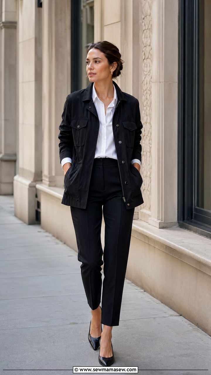 Black Utility Jacket With White Button Down And Tailored Trousers - 35 Utility jacket outfit ideas